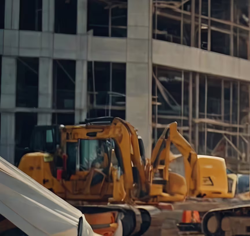 Two construction workers wearing yellow and blue helmets reviewing blueprints outdoors.